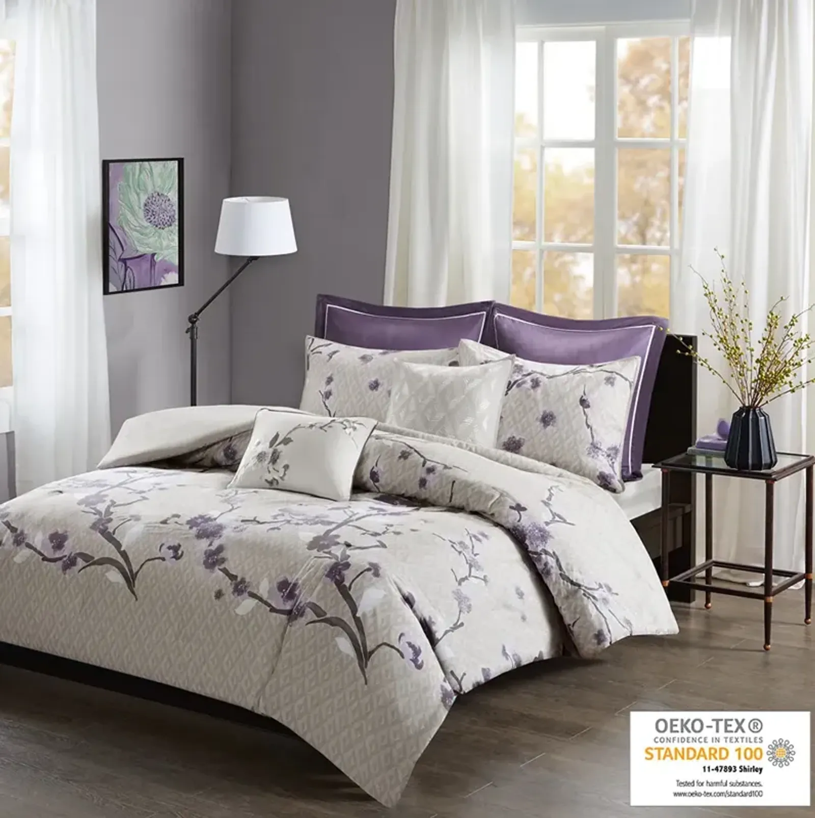 Madison Park Holly Purple/Taupe 7 Piece Cotton Duvet Cover Set