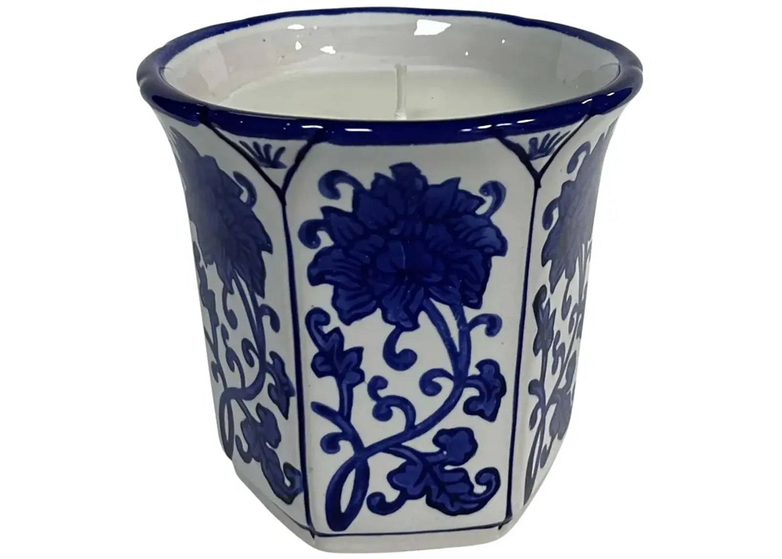 4", 6oz Fluted Chinoiserie Candle , Blue/white