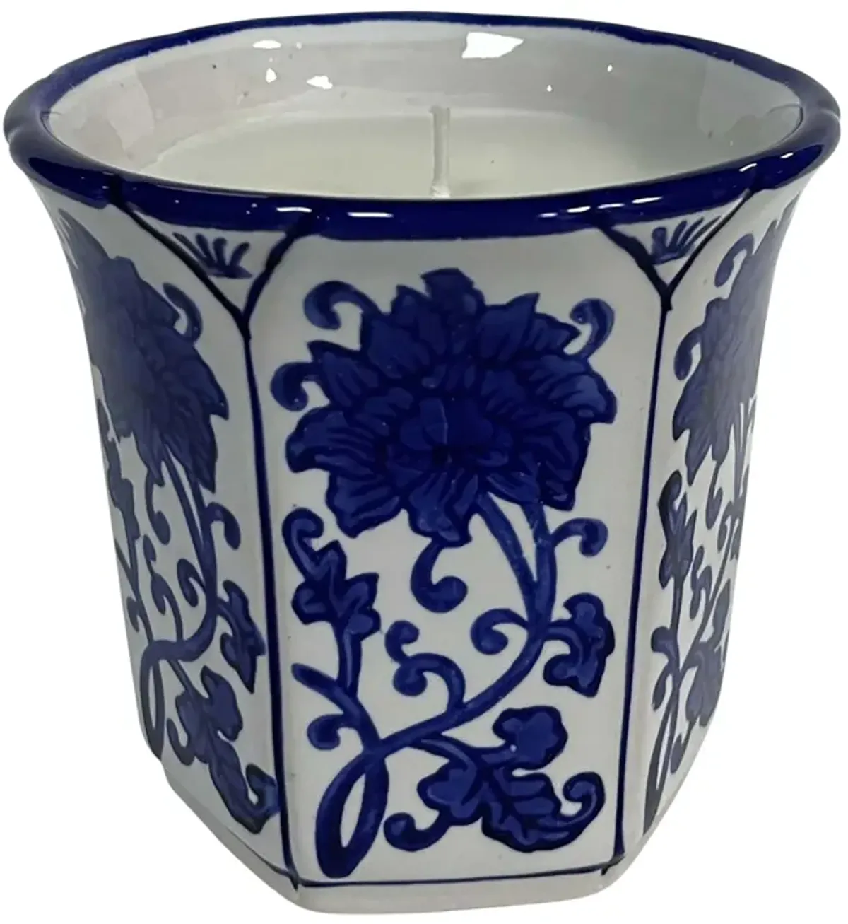 4", 6oz Fluted Chinoiserie Candle , Blue/white