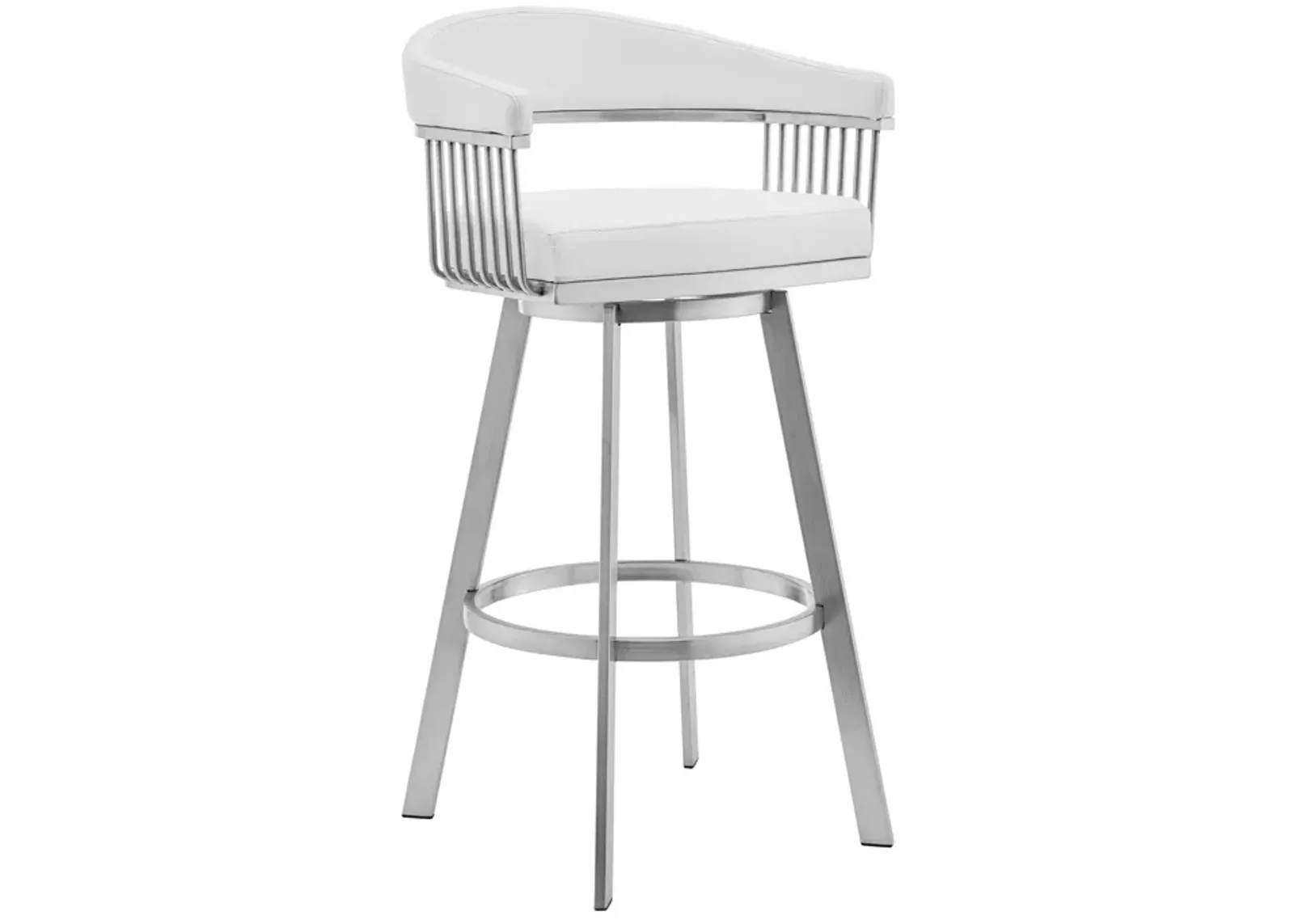 Bronson 29" White Faux Leather and Brushed Stainless Steel Swivel Bar Stool