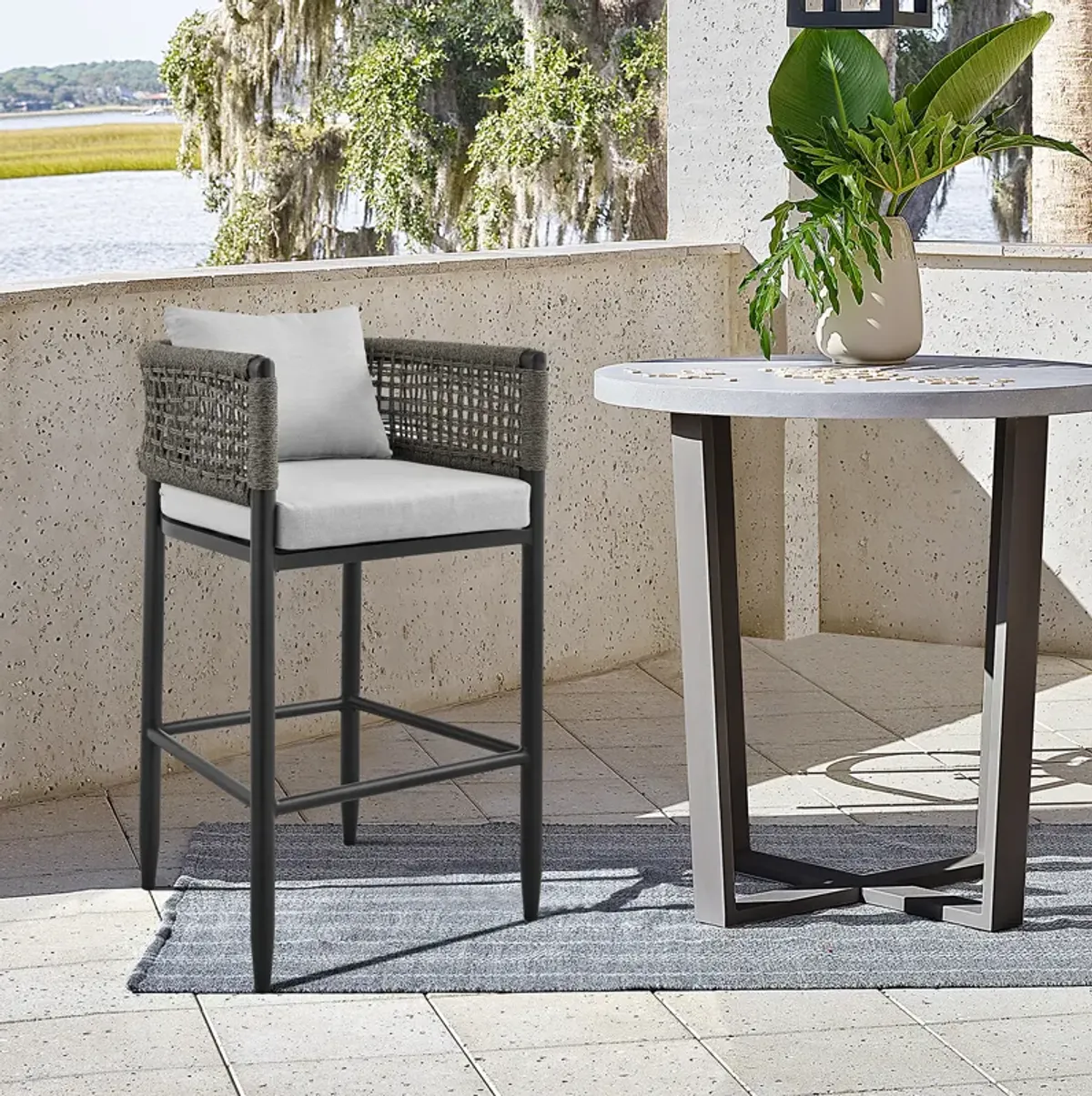 Felicia Outdoor Patio Counter Height Bar Stool in Aluminum with Gray Rope and Cushions