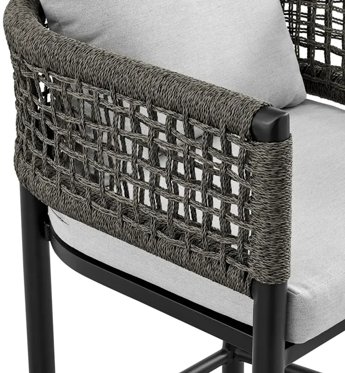 Felicia Outdoor Patio Counter Height Bar Stool in Aluminum with Gray Rope and Cushions