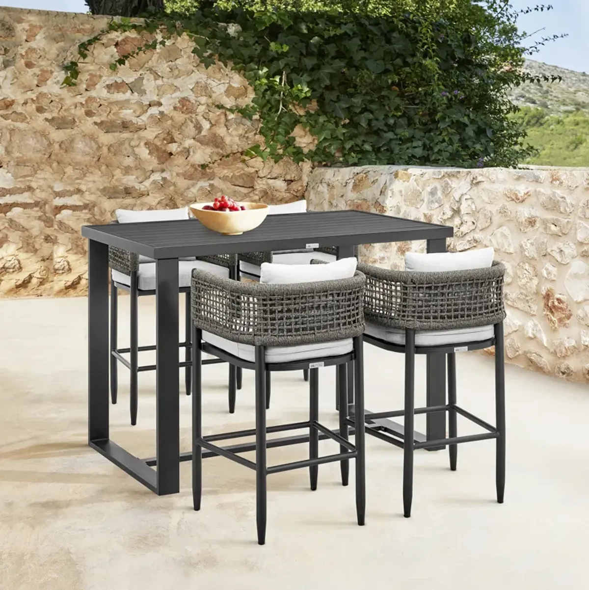 Felicia Outdoor Patio Counter Height Bar Stool in Aluminum with Gray Rope and Cushions