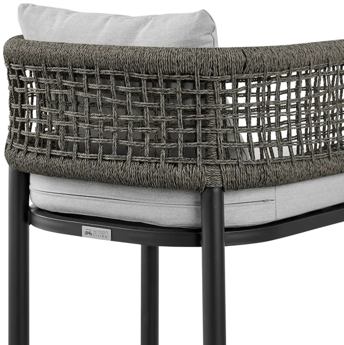 Felicia Outdoor Patio Counter Height Bar Stool in Aluminum with Gray Rope and Cushions