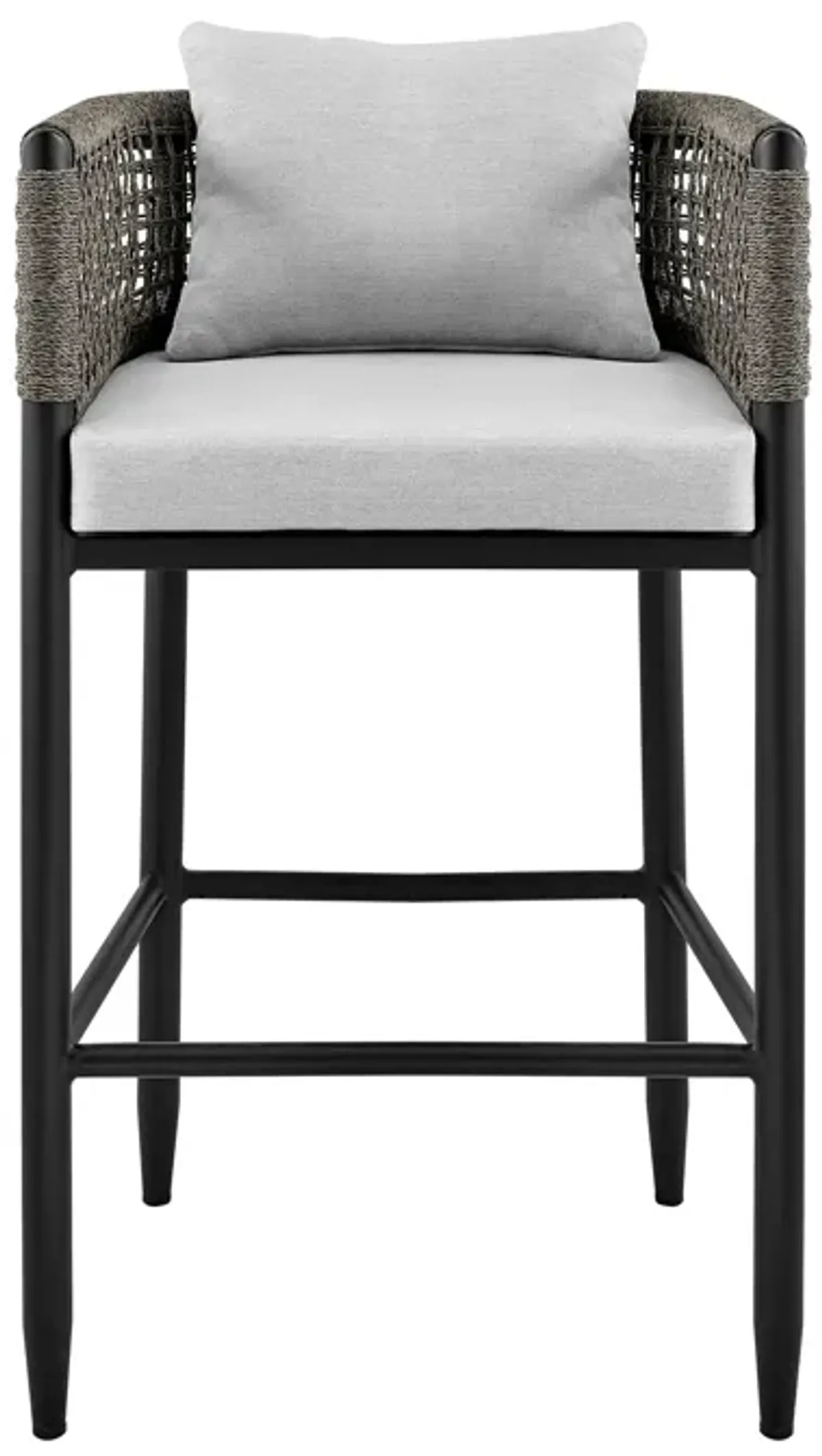 Felicia Outdoor Patio Counter Height Bar Stool in Aluminum with Gray Rope and Cushions