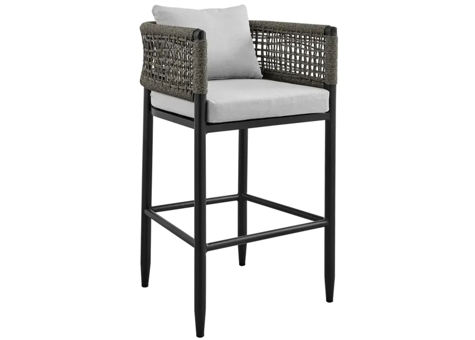 Felicia Outdoor Patio Counter Height Bar Stool in Aluminum with Gray Rope and Cushions