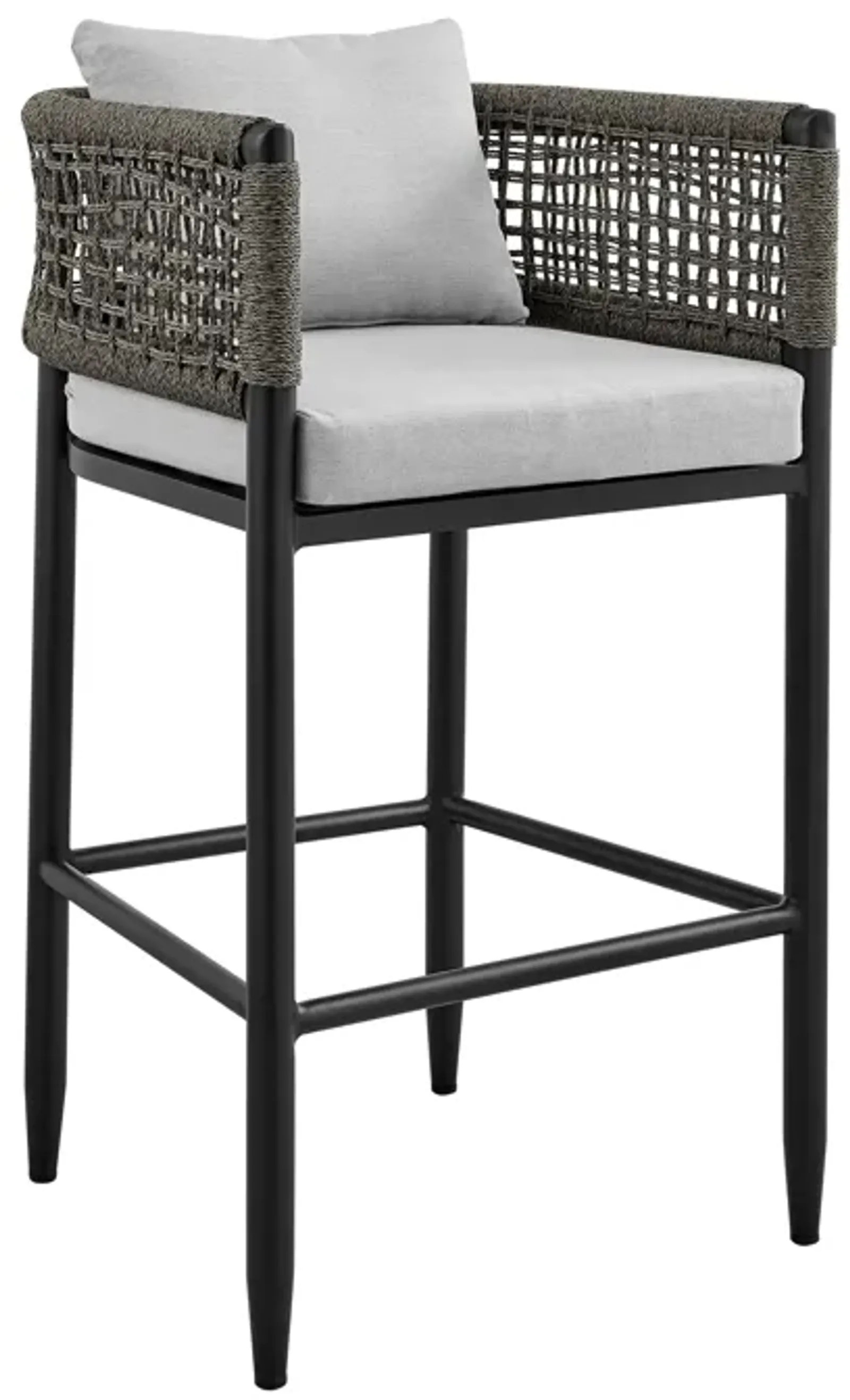 Felicia Outdoor Patio Counter Height Bar Stool in Aluminum with Gray Rope and Cushions