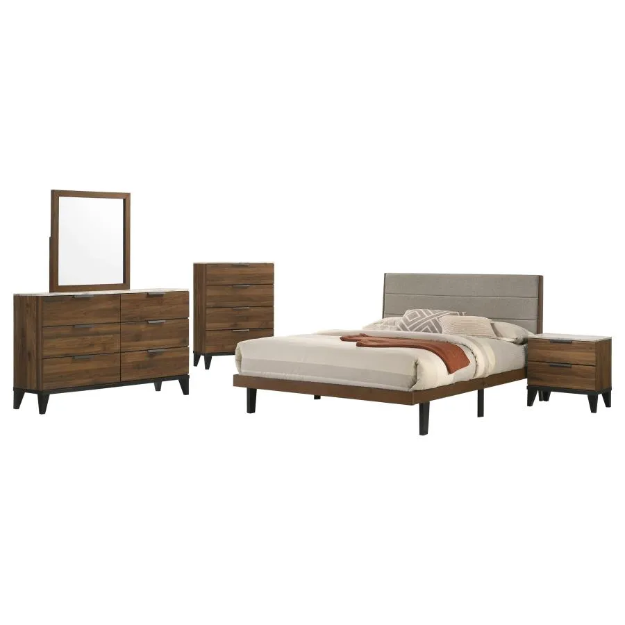 Mays 5-piece Upholstered Queen Bedroom Set Walnut Brown and Grey