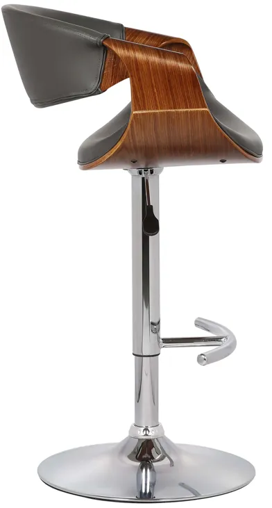 Butterfly Adjustable Height Swivel Grey Faux Leather and Walnut Wood Bar Stool with Chrome Base 