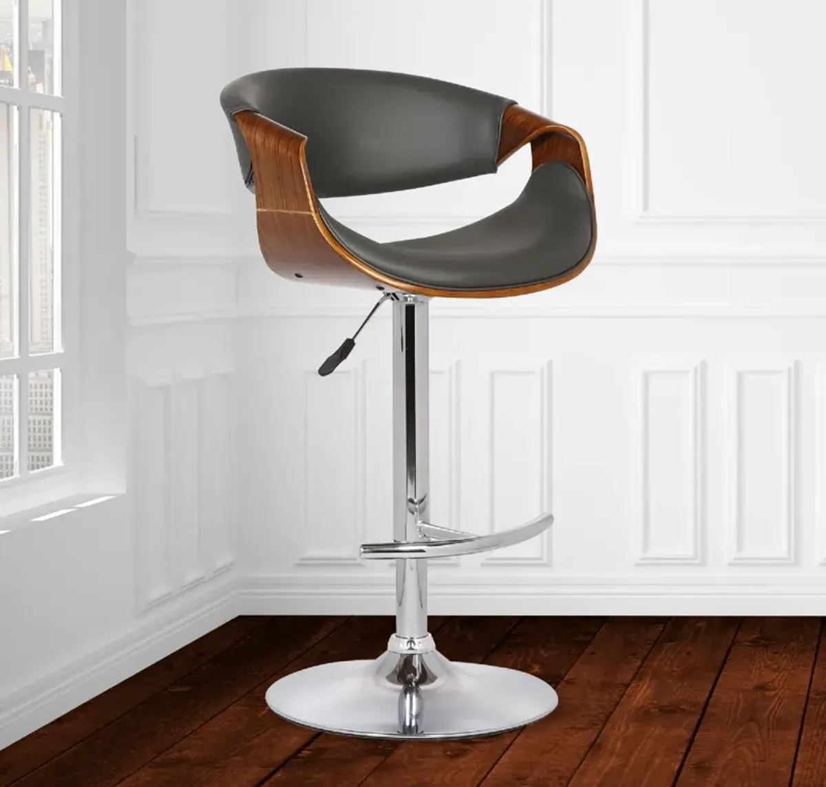 Butterfly Adjustable Height Swivel Grey Faux Leather and Walnut Wood Bar Stool with Chrome Base 