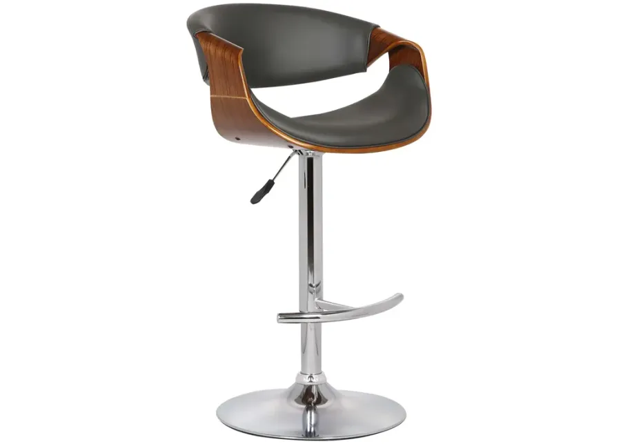 Butterfly Adjustable Height Swivel Grey Faux Leather and Walnut Wood Bar Stool with Chrome Base 