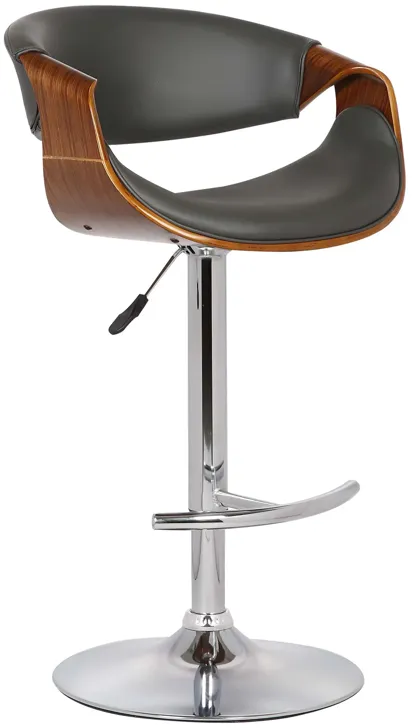 Butterfly Adjustable Height Swivel Grey Faux Leather and Walnut Wood Bar Stool with Chrome Base 