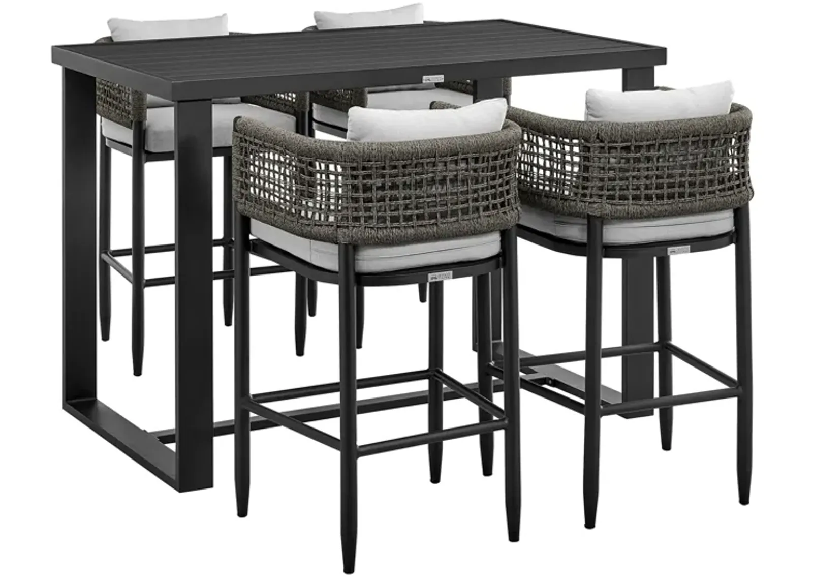 Felicia Outdoor Patio 5-Piece Bar Table Set in Aluminum with Gray Rope and Cushions