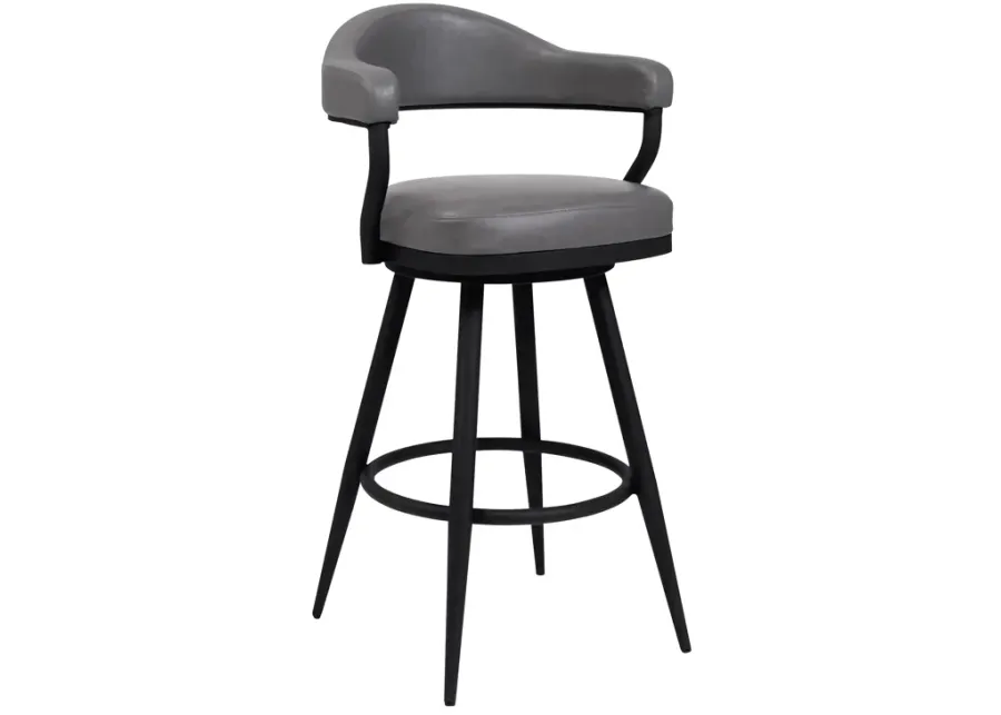 Justin 30" Bar Height Swivel Vintage Grey Faux Leather Bar Stool with Black Metal Legs