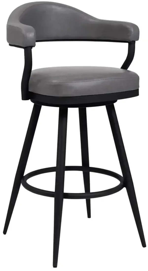 Justin 30" Bar Height Swivel Vintage Grey Faux Leather Bar Stool with Black Metal Legs