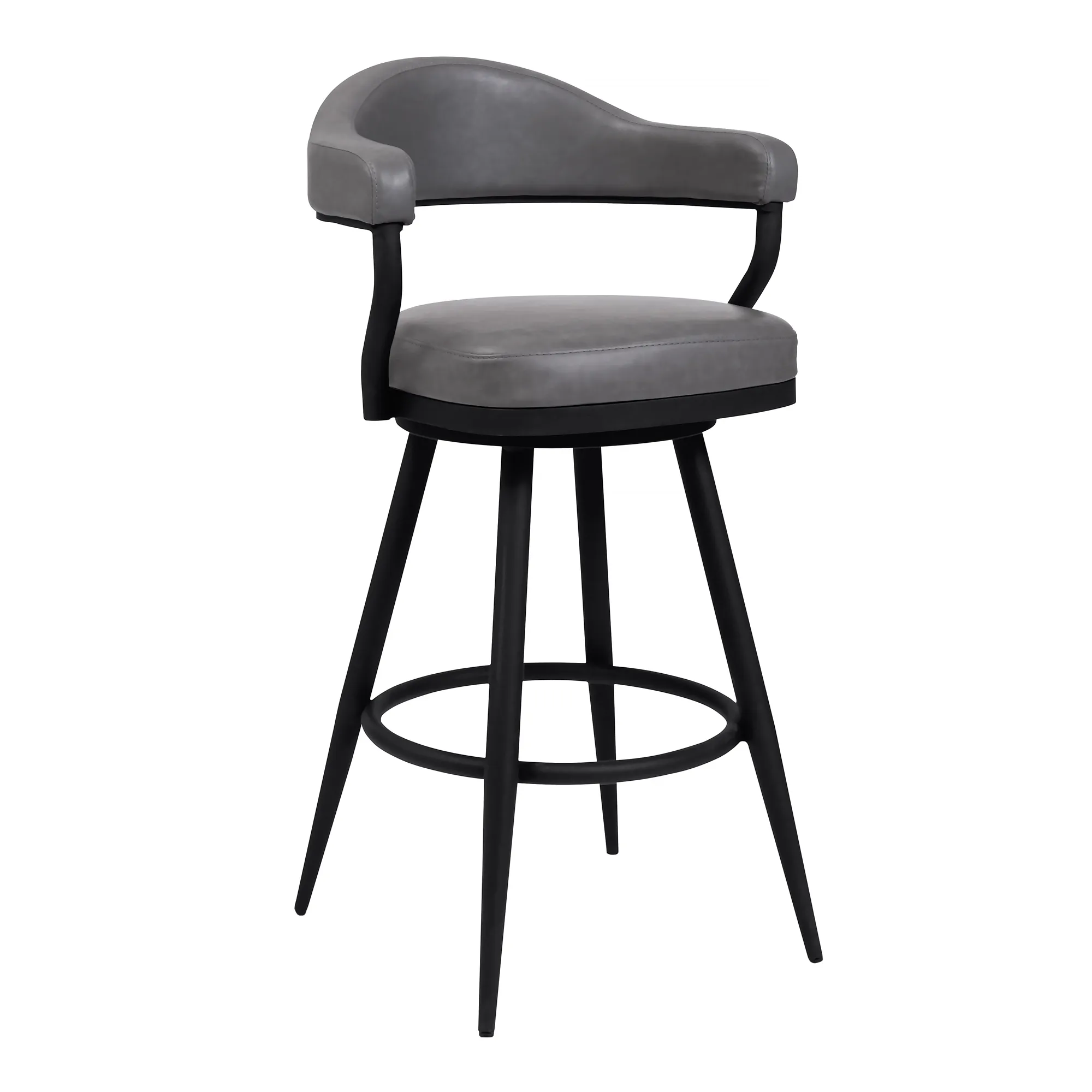 Justin 30" Bar Height Swivel Vintage Grey Faux Leather Bar Stool with Black Metal Legs