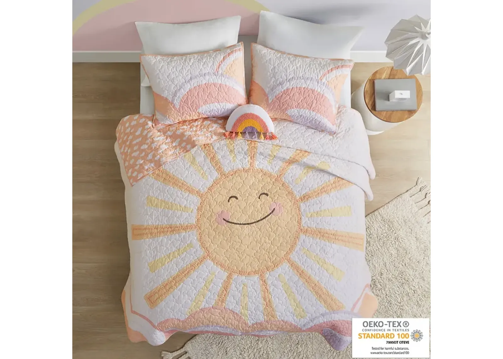 Urban Habitat Kids Dawn Yellow/Coral Reversible Sunshine Printed Cotton Quilt Set with Throw Pillow