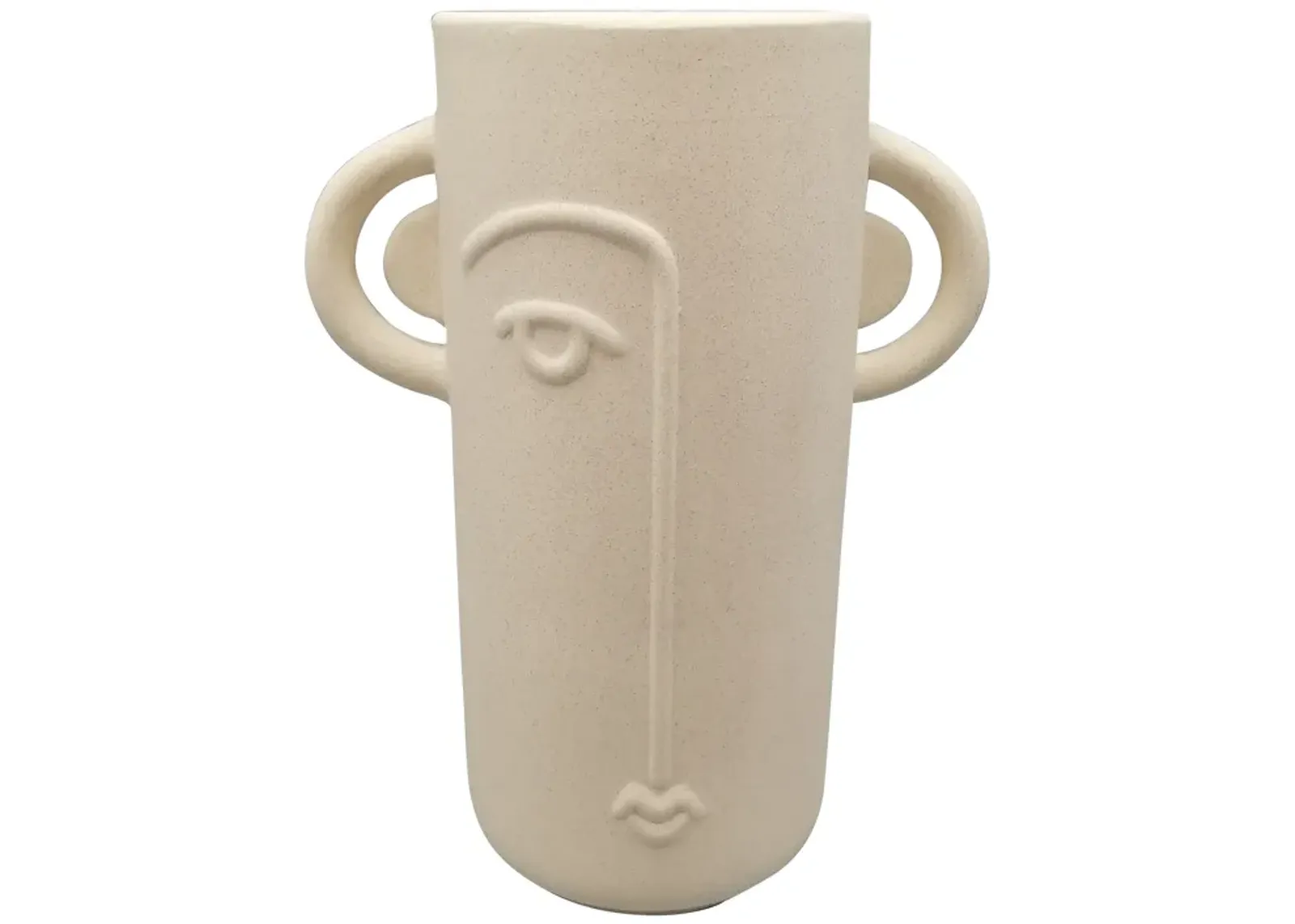 Cer, 10" Face Vase W/ Handles, Ivory