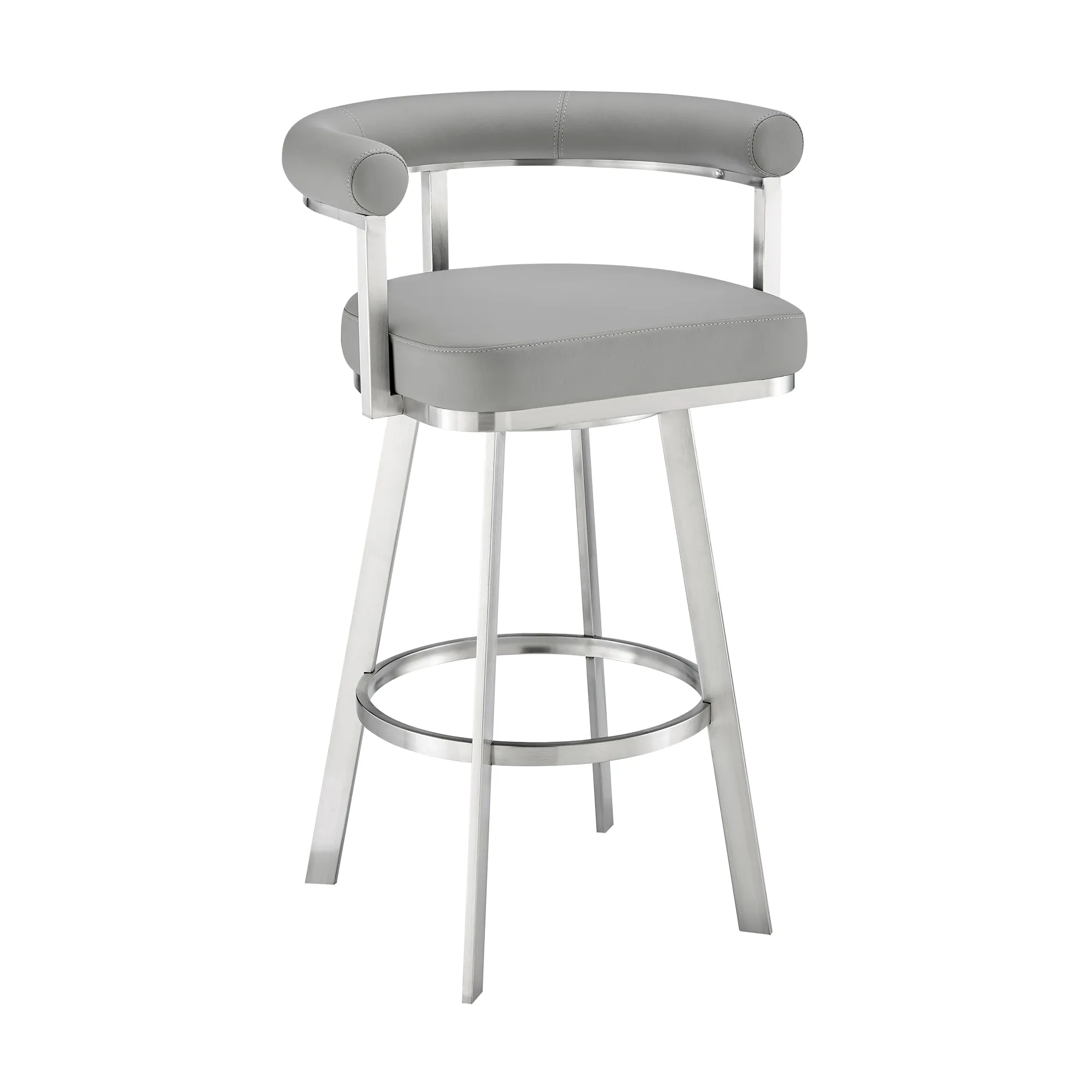 Magnolia 26" Swivel Counter Stool in Brushed Stainless Steel with Light Gray Faux Leather