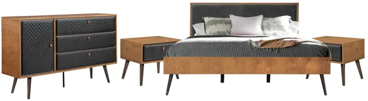 Coco Rustic 4 piece Upholstered Platform Bedroom Set in King with Dresser and 2 Nightstands 