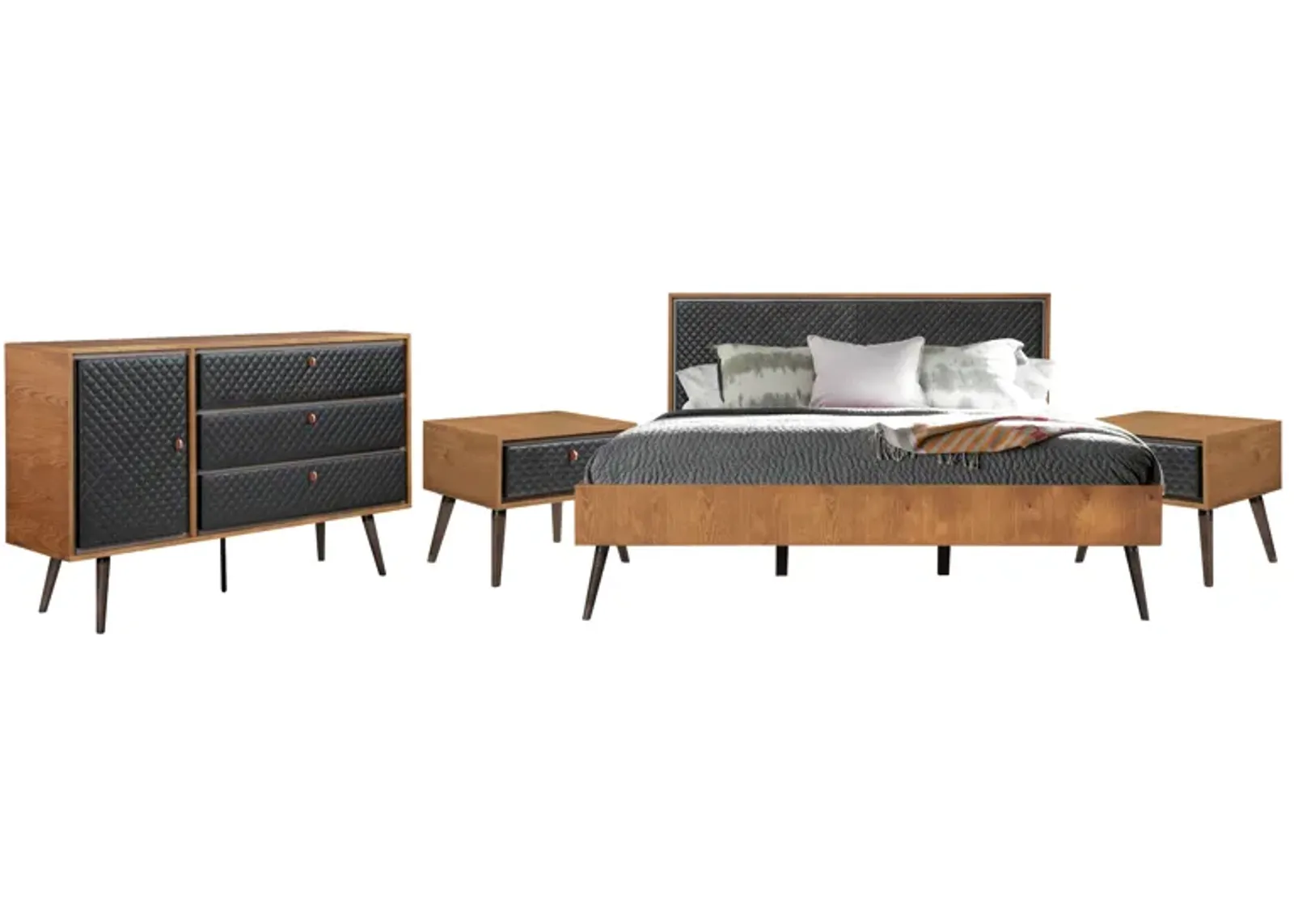 Coco Rustic 4 piece Upholstered Platform Bedroom Set in King with Dresser and 2 Nightstands 