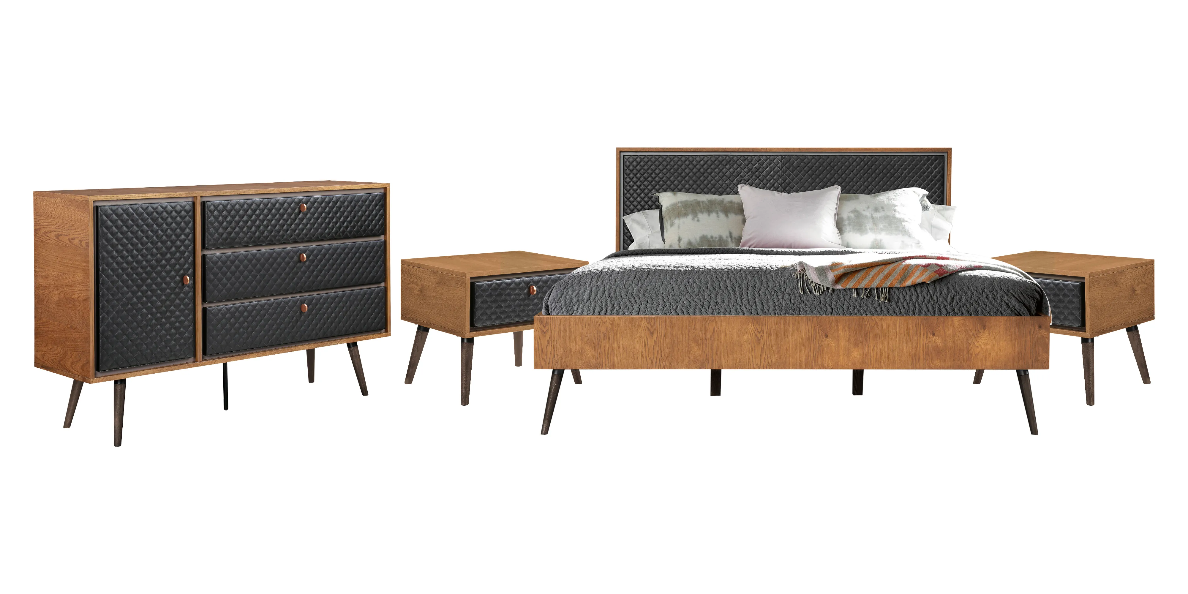 Coco Rustic 4 piece Upholstered Platform Bedroom Set in King with Dresser and 2 Nightstands 