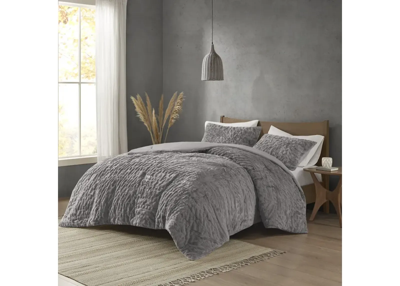 Madison Park Blair Grey Ruched Fur Down Alternative Comforter Set