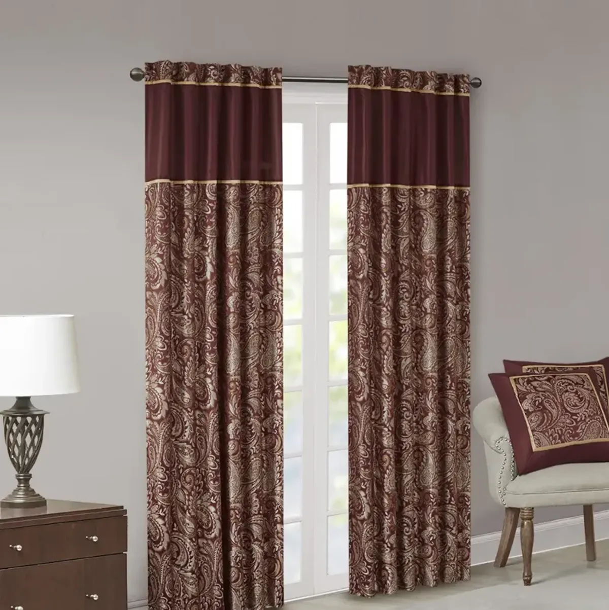 Madison Park Aubrey Burgundy Jacquard Curtain Panel Pair