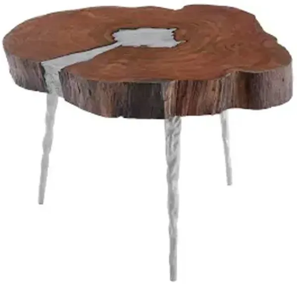 molten coffee table, poured aluminum in wood