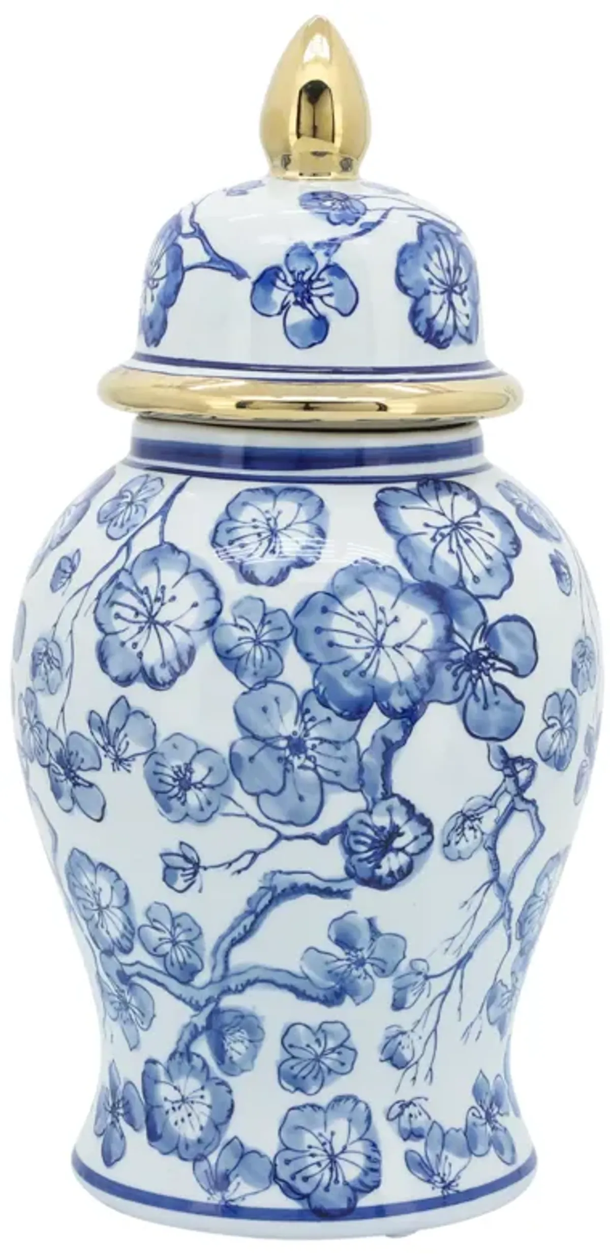 14" Temple Jar W/ Hibiscus, Blue & White