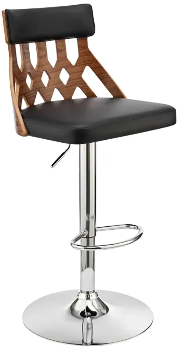 Angelo Adjustable Swivel Black Faux Leather & Walnut Wood Bar Stool with Chrome Base
