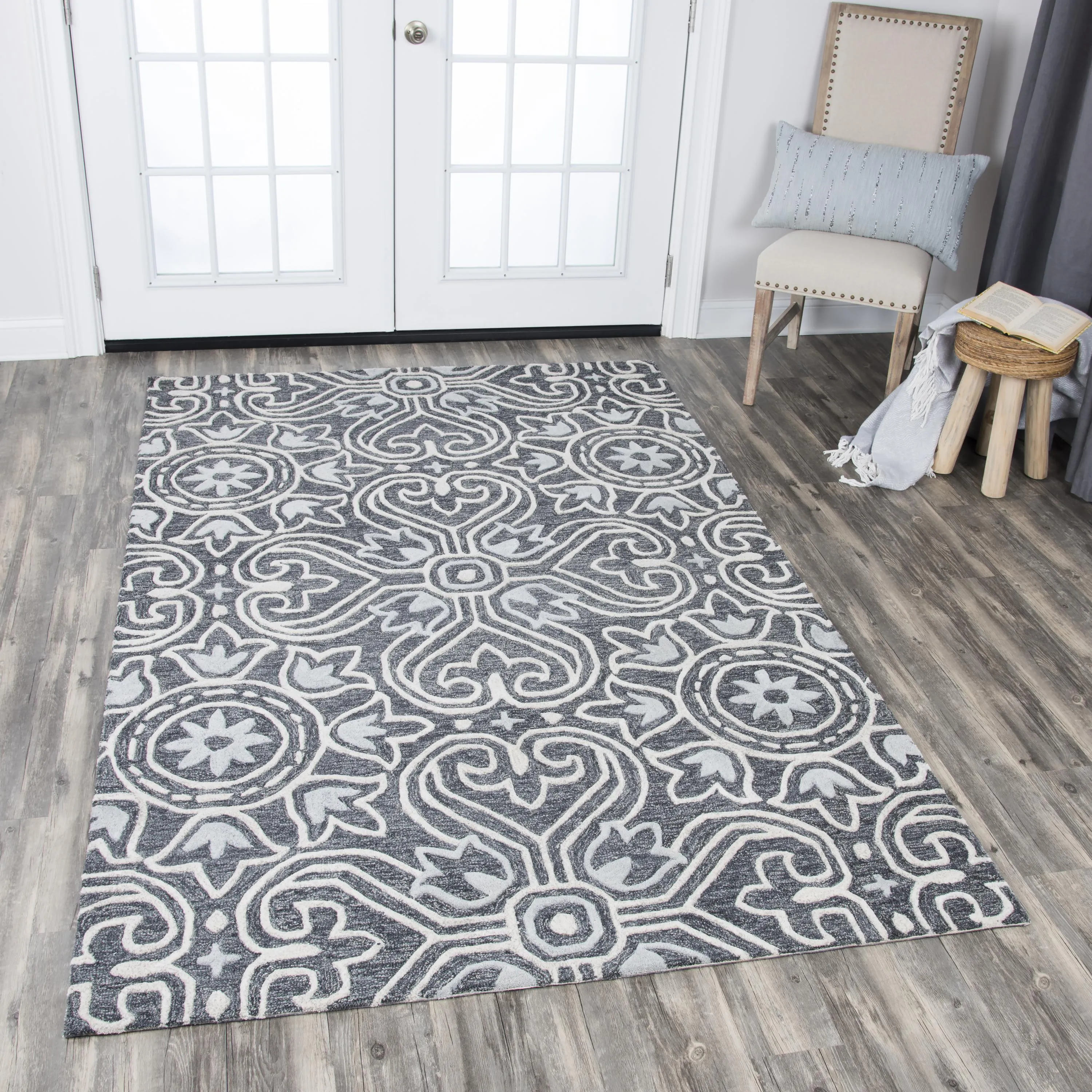 Opulent Gray Medallion Wool 9'x12' Rectangle Rug