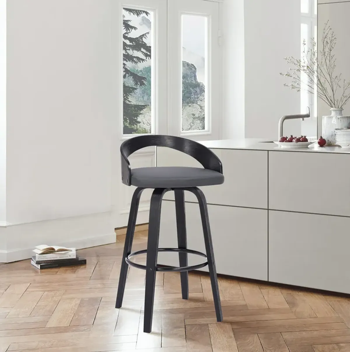 Sonia 26" Counter Height Swivel Grey Faux Leather and Black Wood Bar Stool