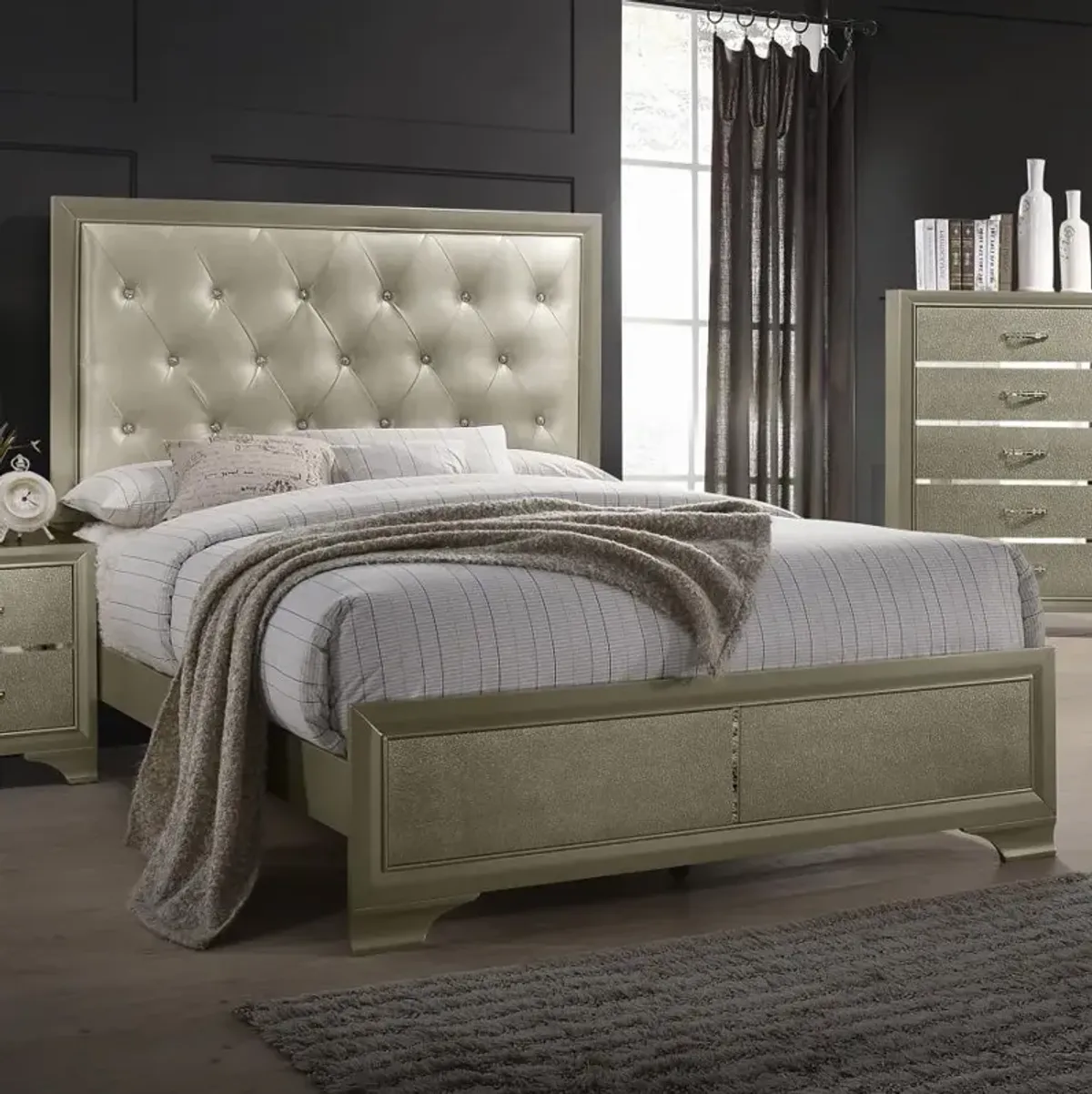 Beaumont Upholstered Eastern King Bed Champagne