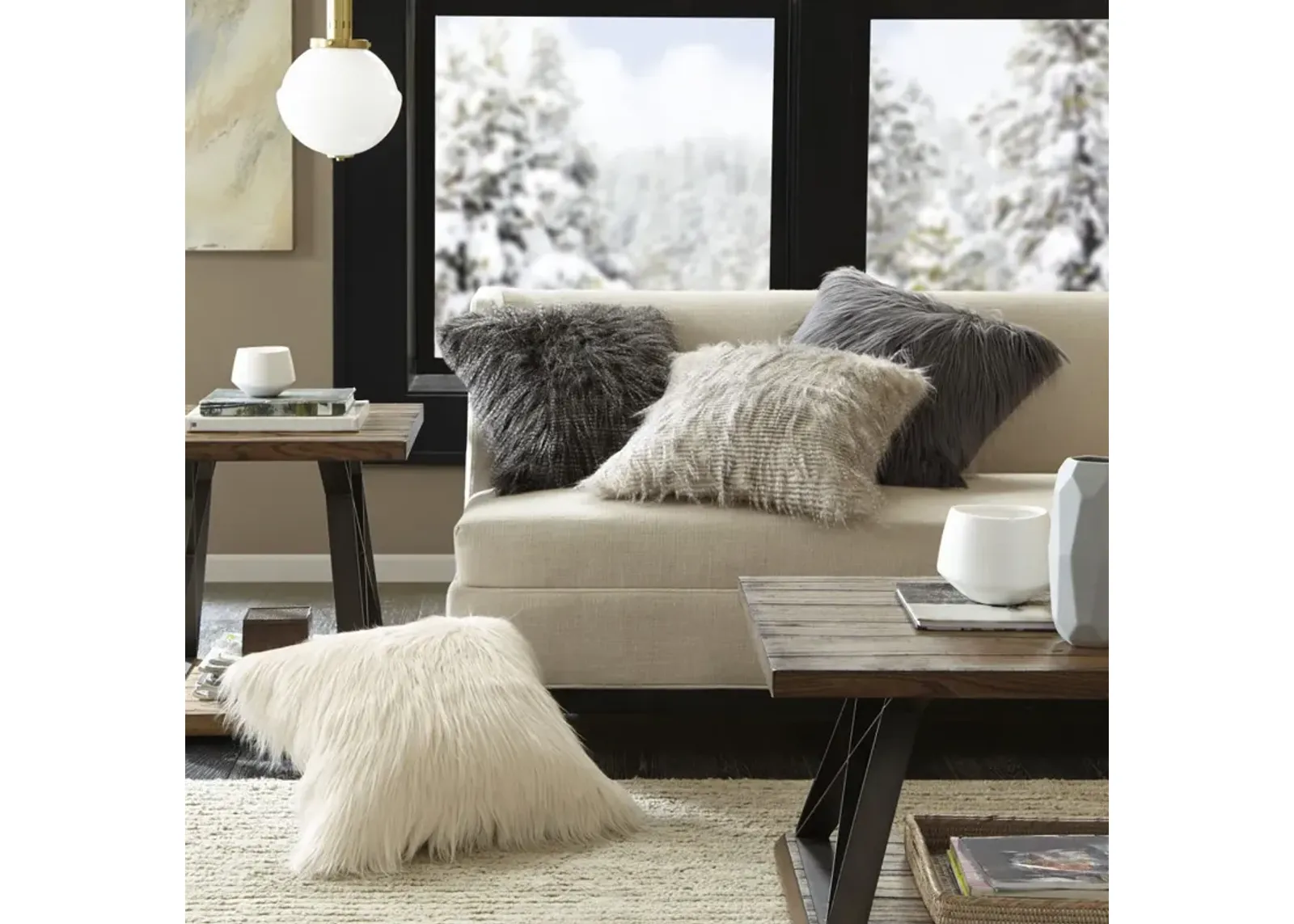 Madison Park Edina Ivory Faux Fur Square Pillow