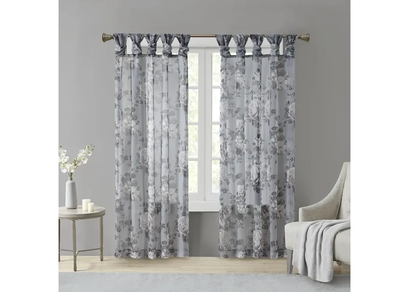 Madison Park Simone Grey Printed Floral Twist Tab Top Voile Sheer Curtain