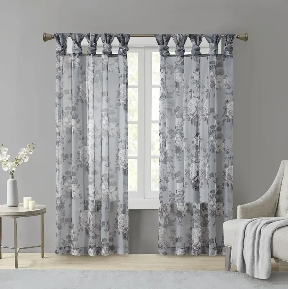 Madison Park Simone Grey Printed Floral Twist Tab Top Voile Sheer Curtain