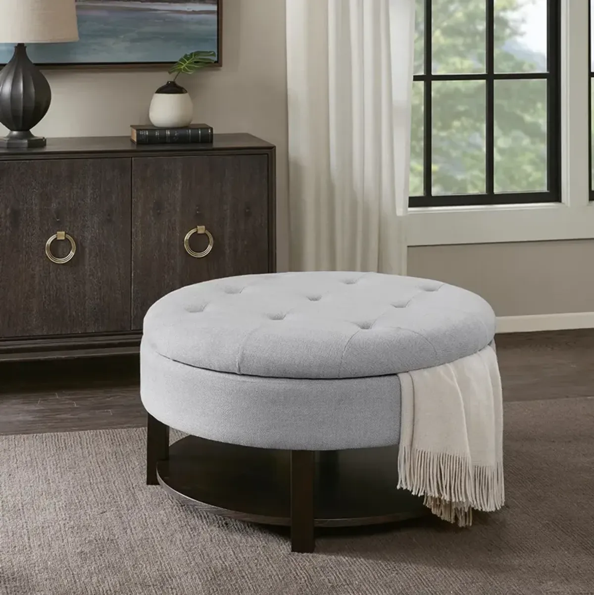 Madison Park Miller Light Grey/Brown Round Storage Ottoman