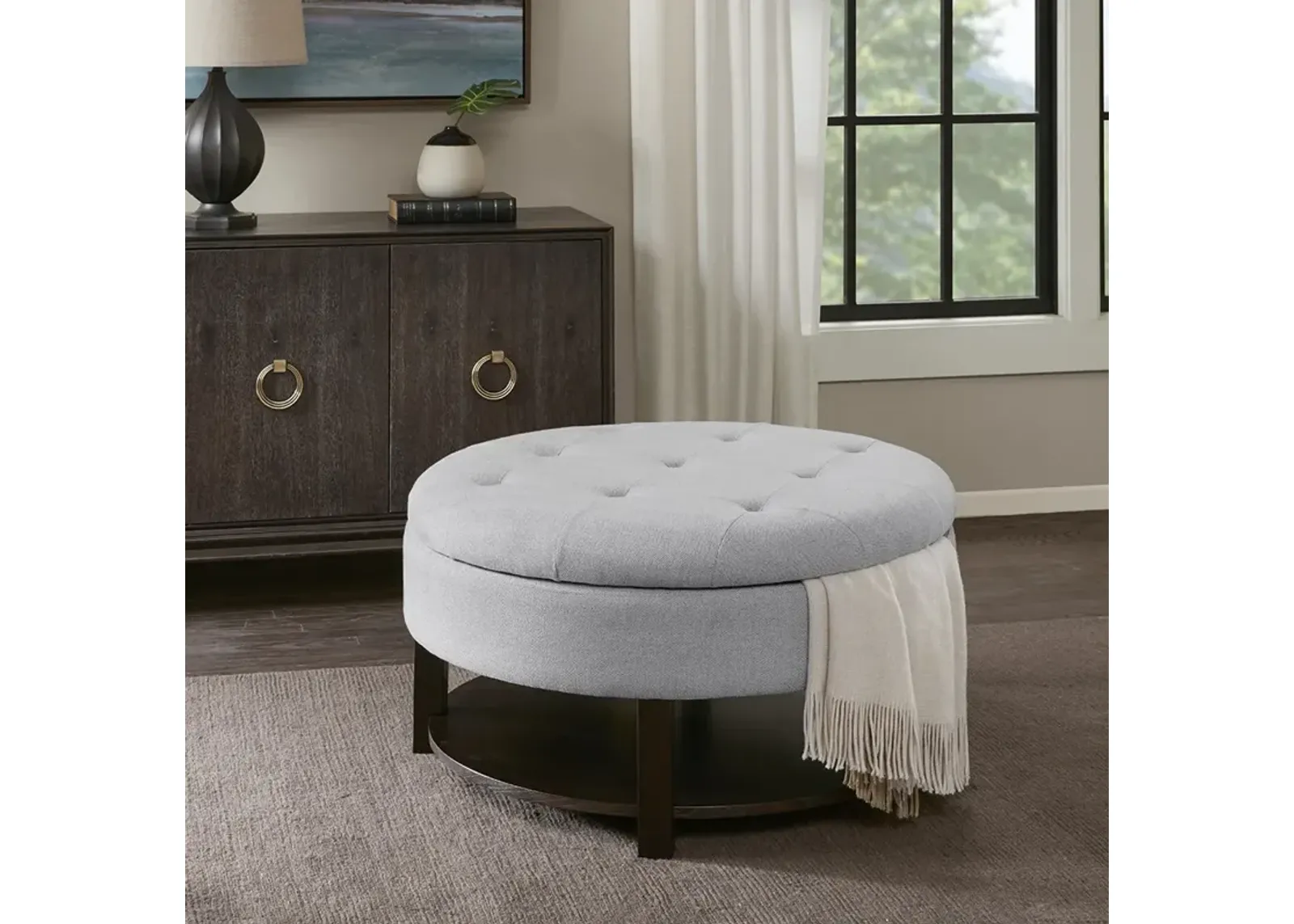 Madison Park Miller Light Grey/Brown Round Storage Ottoman