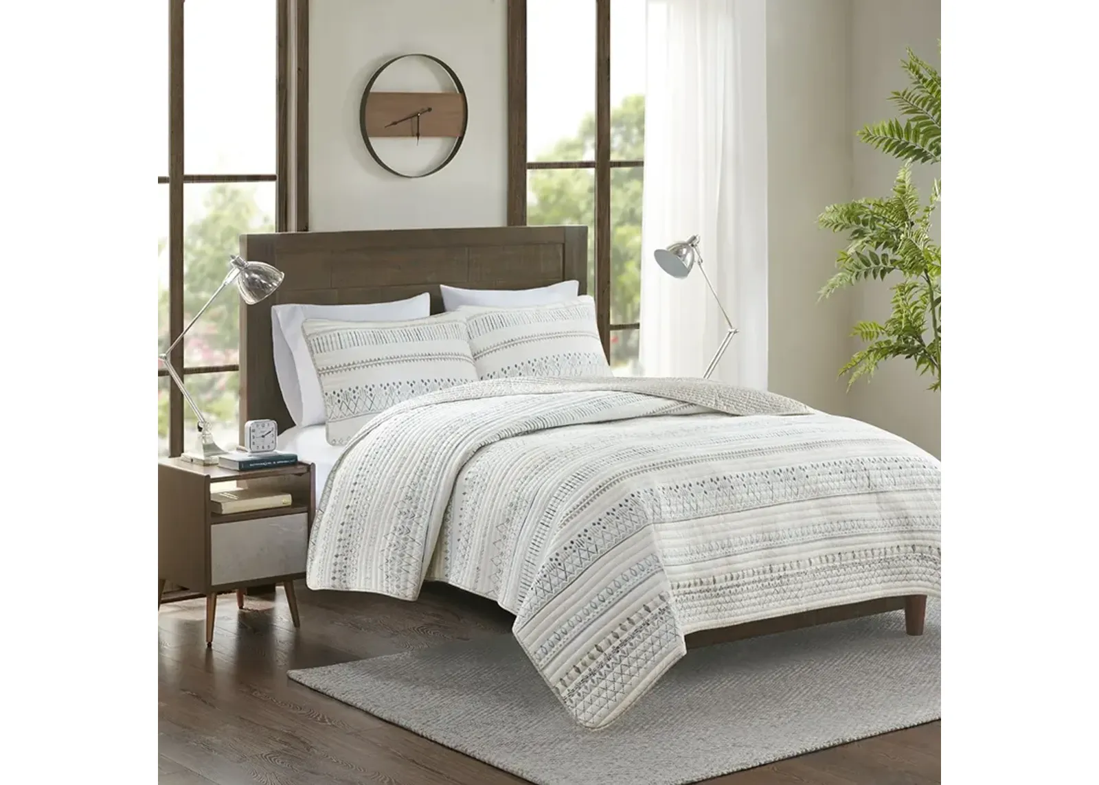 Madison Park Fraser Taupe/Blue 3 Piece Printed Microfiber Seersucker Quilt Set