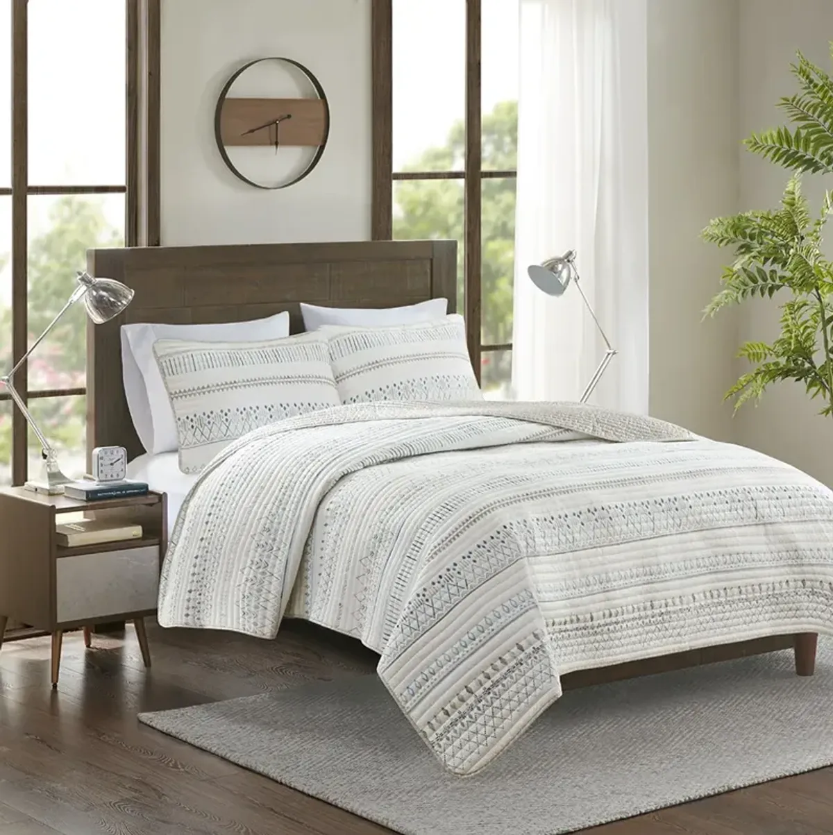 Madison Park Fraser Taupe/Blue 3 Piece Printed Microfiber Seersucker Quilt Set