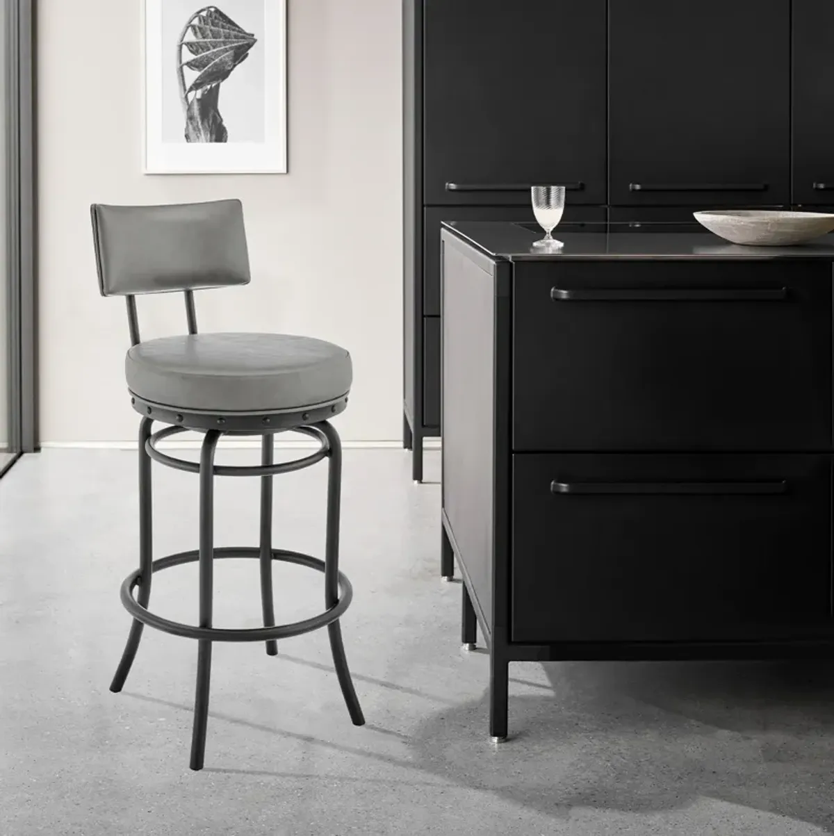 Rees Swivel Counter or Bar Stool in Black Finish with Gray Faux Leather