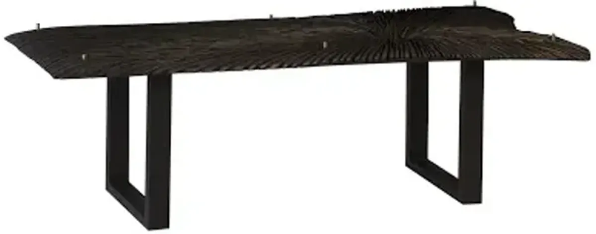 chainsaw dining table with glass, burnt black, black iron u legs