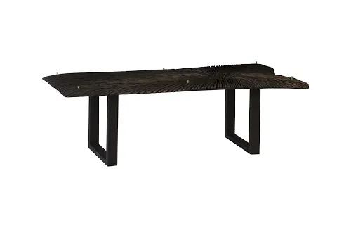 chainsaw dining table with glass, burnt black, black iron u legs