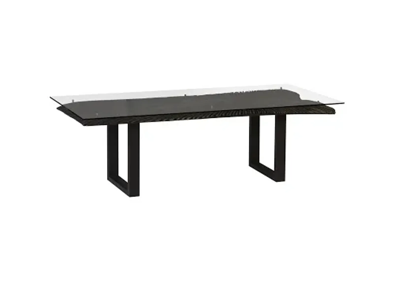 chainsaw dining table with glass, burnt black, black iron u legs