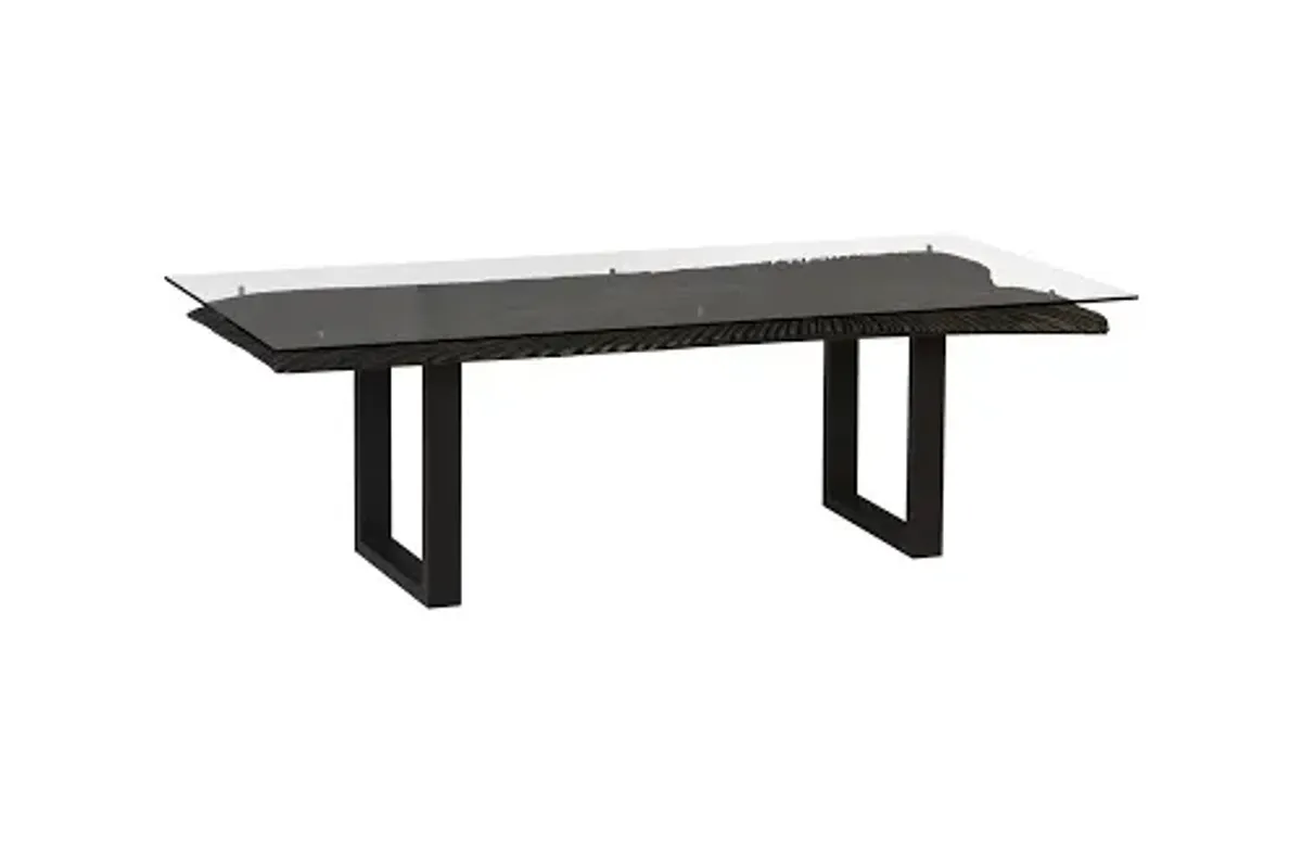 chainsaw dining table with glass, burnt black, black iron u legs