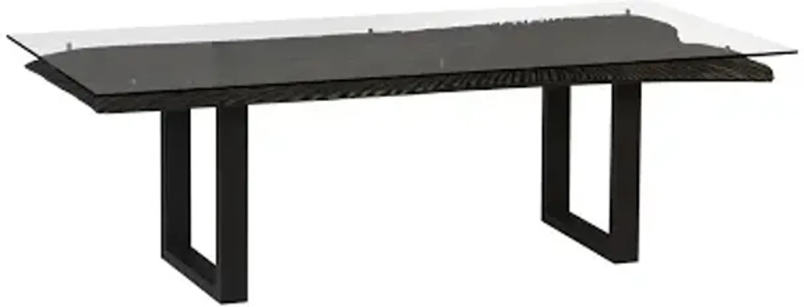 chainsaw dining table with glass, burnt black, black iron u legs