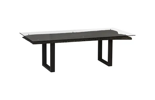 chainsaw dining table with glass, burnt black, black iron u legs