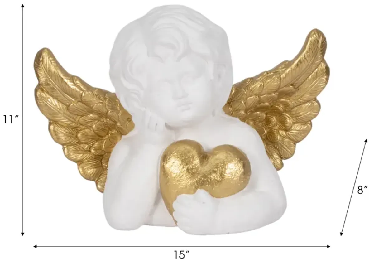 15" Garden Cherub With Heart, White/gold