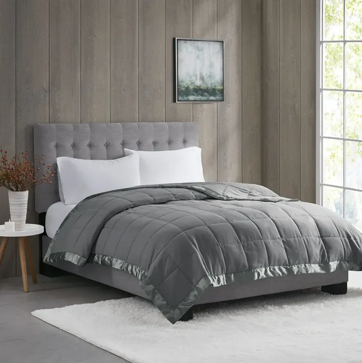 Madison Park Windom Charcoal Lightweight Down Alternative Blanket with Satin Trim